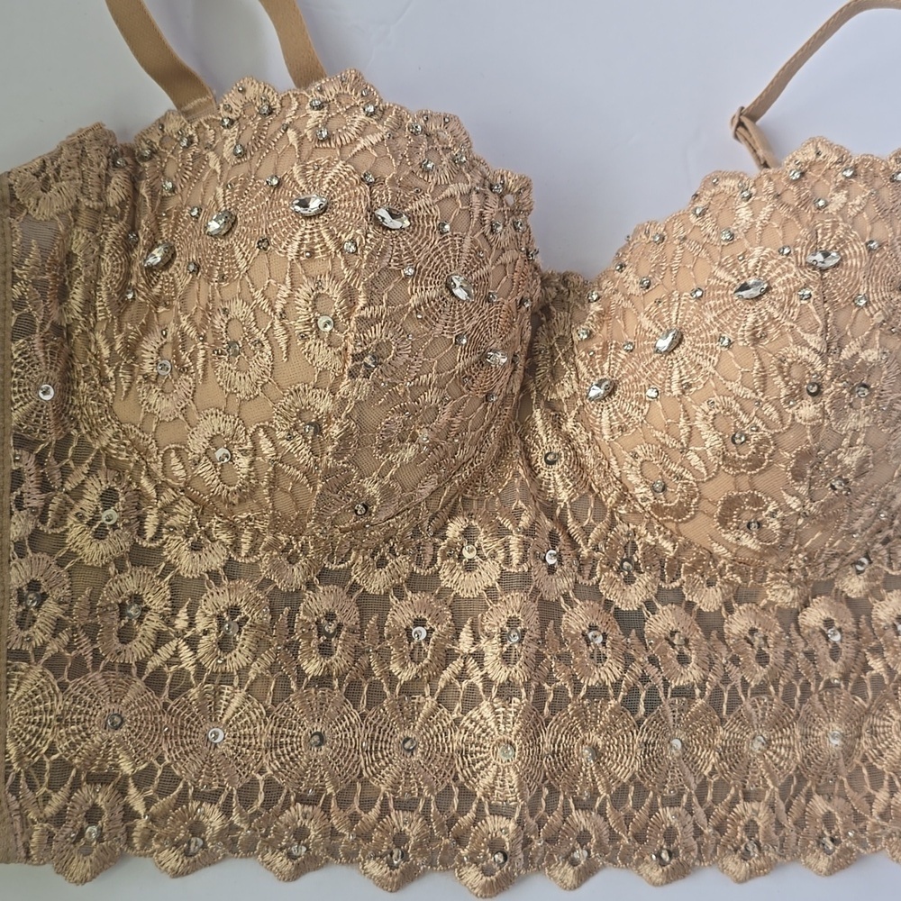Windsor Daring Embellished Bra Beaded Corset Bustier Beige Crop Top Bling Sz M - Picture 2 of 11